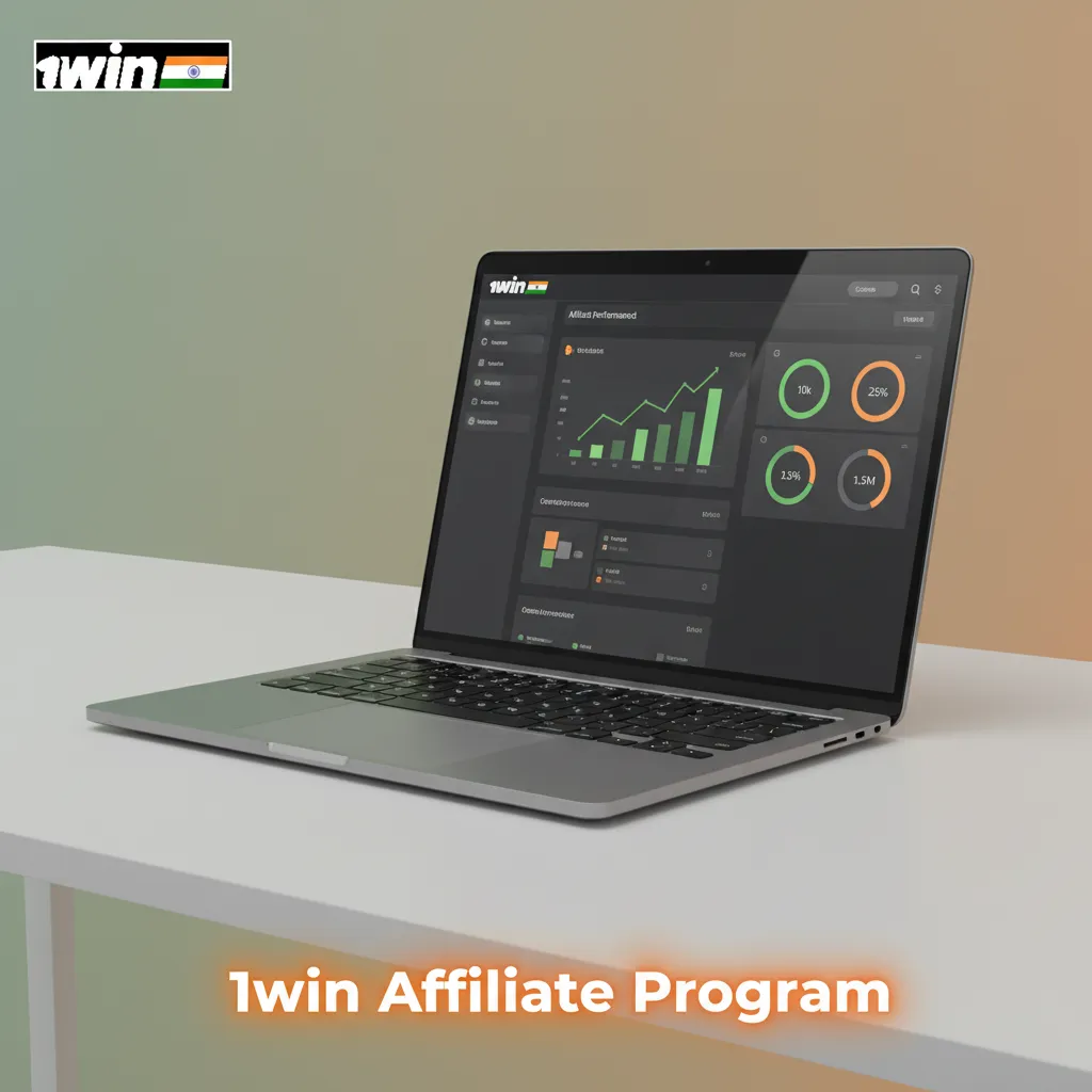 1win Affiliate Program graphic highlighting revenue share, marketing tools, tracking links, and timely performance reports