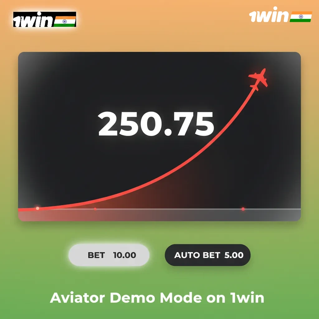 Aviator demo mode on 1win interface showing practice play with virtual credits, multipliers, and Auto Bet/Auto Cashout.
