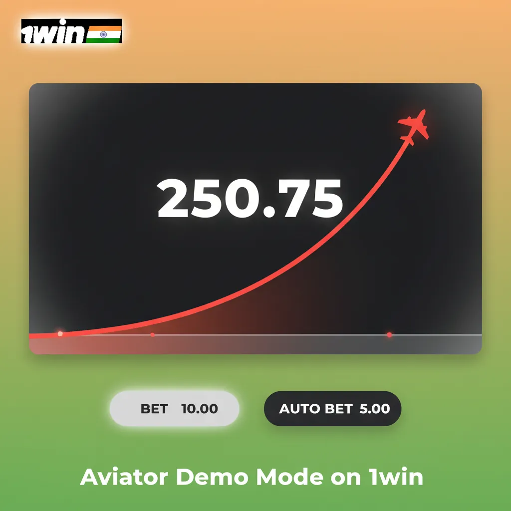 Aviator demo on 1win showing crash graph, cash-out timing, auto tools, and virtual funds for risk-free practice.