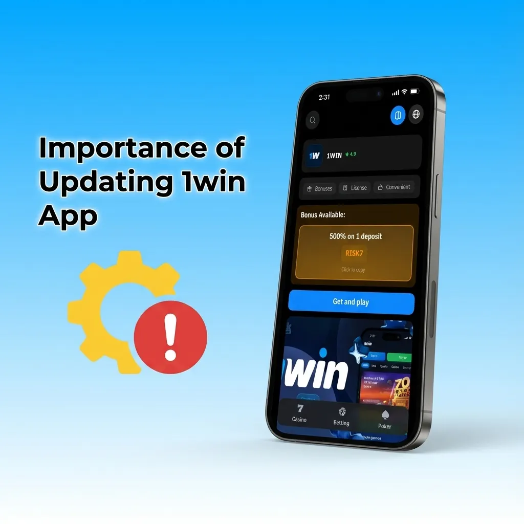 Phone with 1win update prompt; shield, speed, payment, and OS icons show security, faster odds, and stable performance.