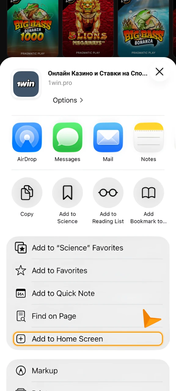 Select the home screen option for your 1win App iOS.