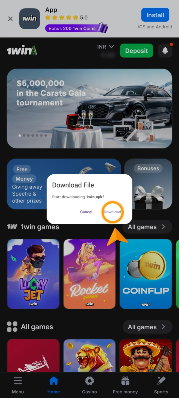 Confirm the 1win App Android APK download to proceed with installation.