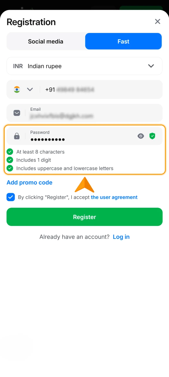Set up a secure password for your 1win App Registration in India.