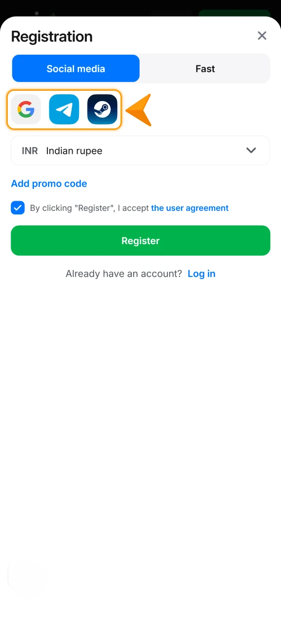 Use social media accounts for a fast 1win App Registration.