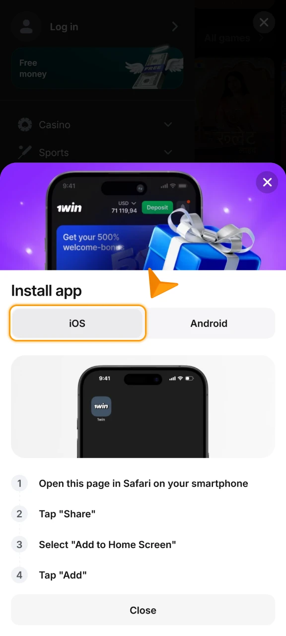 Start the 1win App installation process on your iOS device.