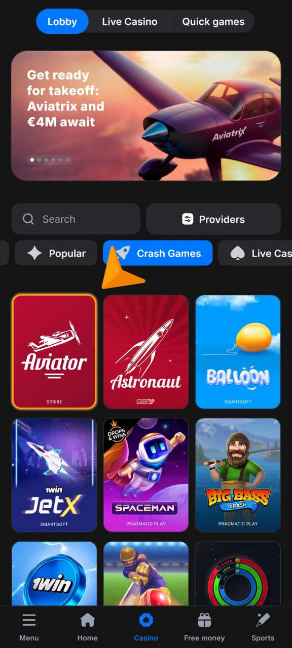 Find the Aviator crash game in the 1win App section.