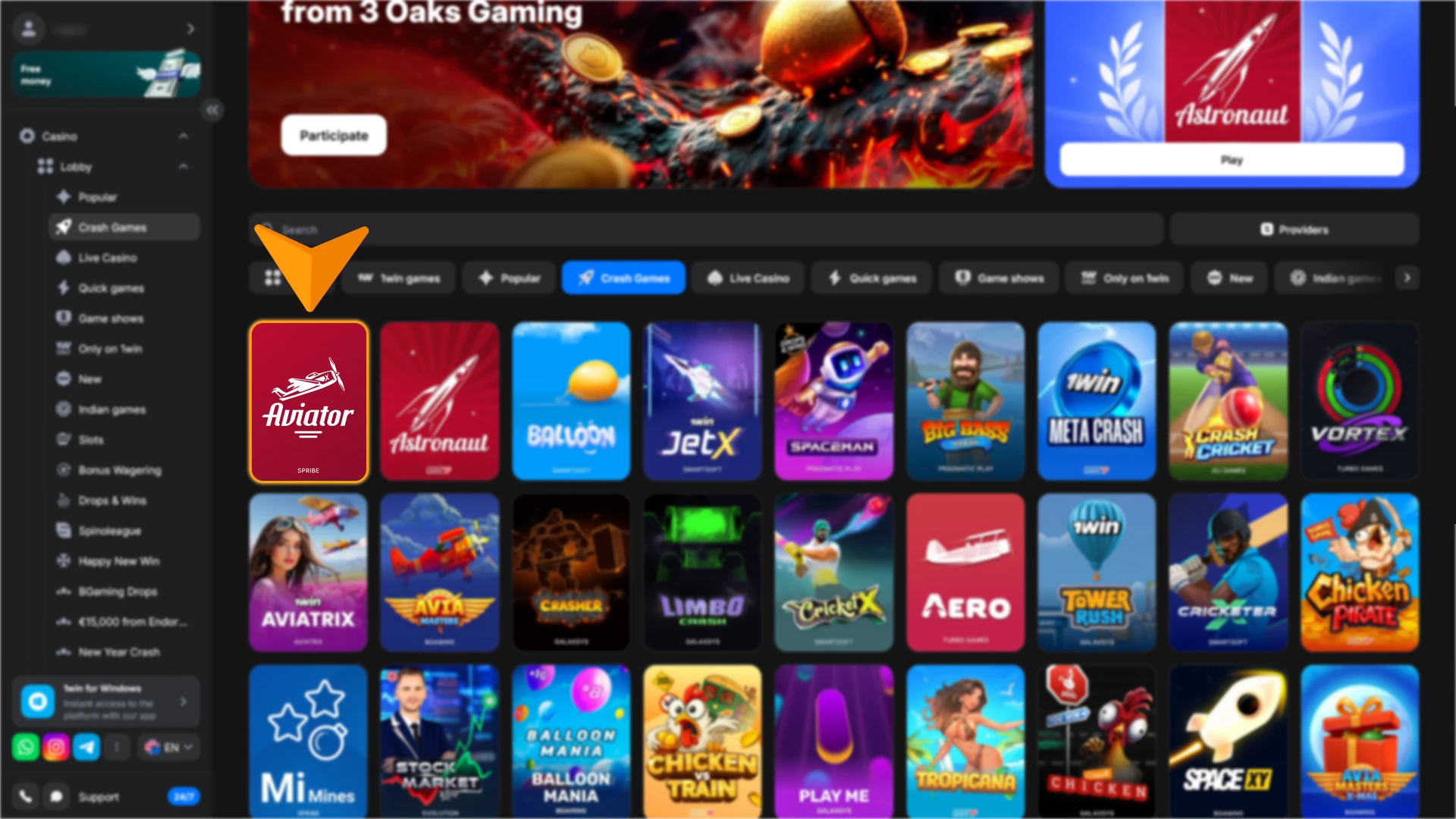 Find the 1win Aviator game within the crash category.