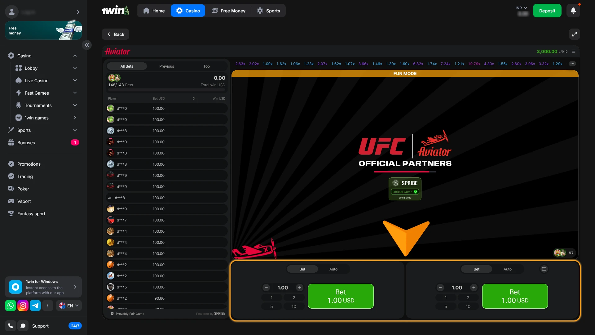 Adjust your 1win Aviator stake using manual or automatic settings.