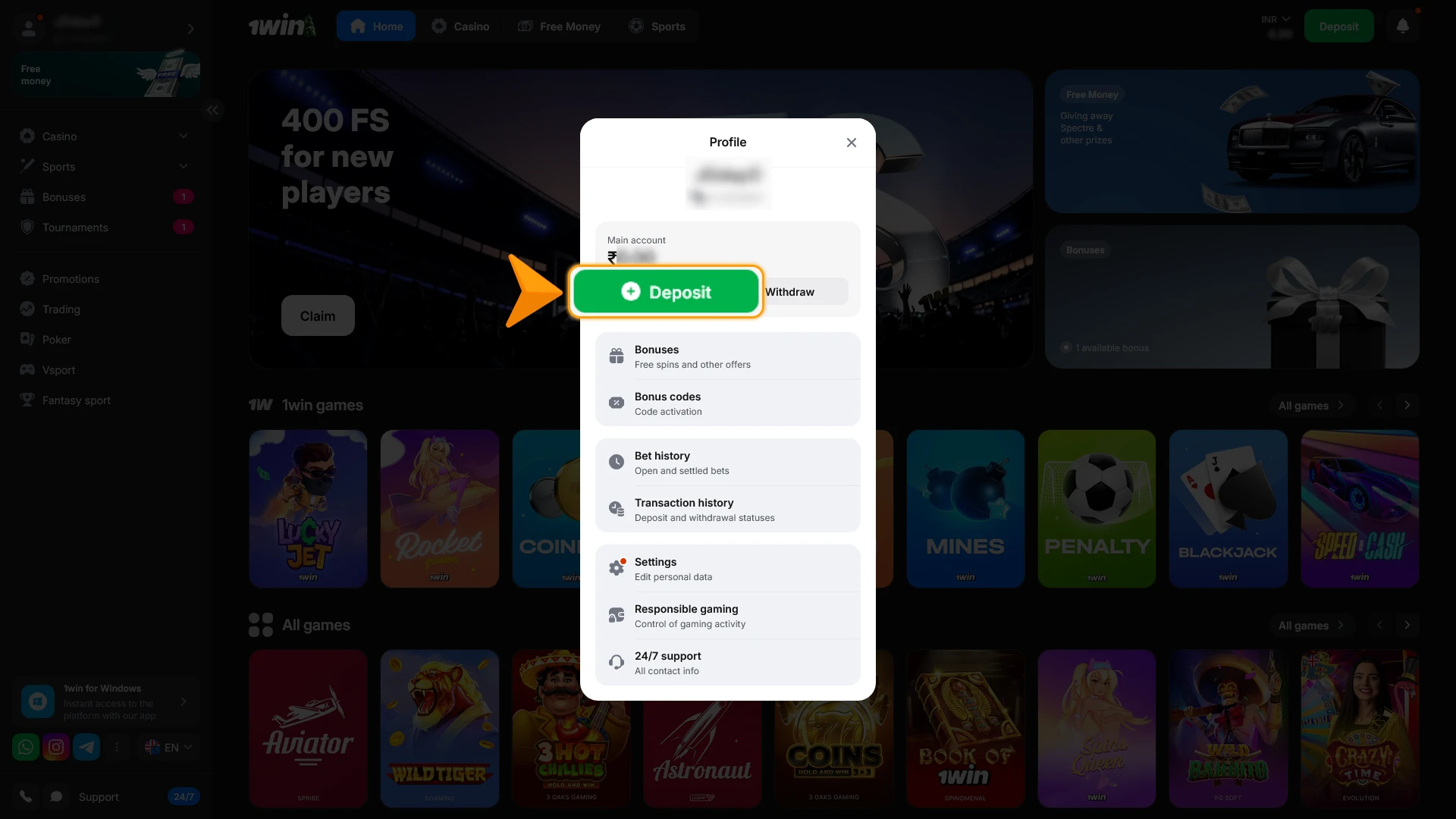 Add funds to your balance and start playing at 1win Casino.