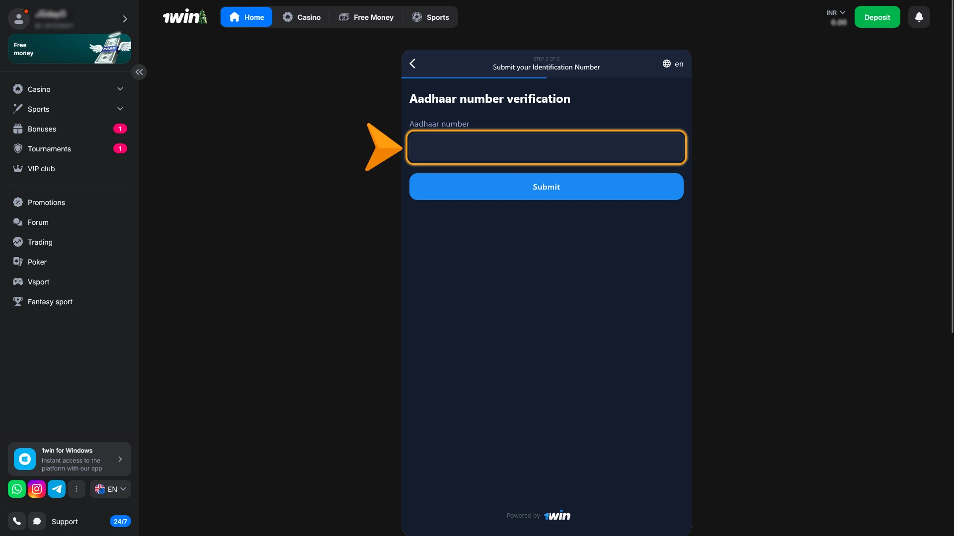 Enter the required details for 1win verification to validate your data.
