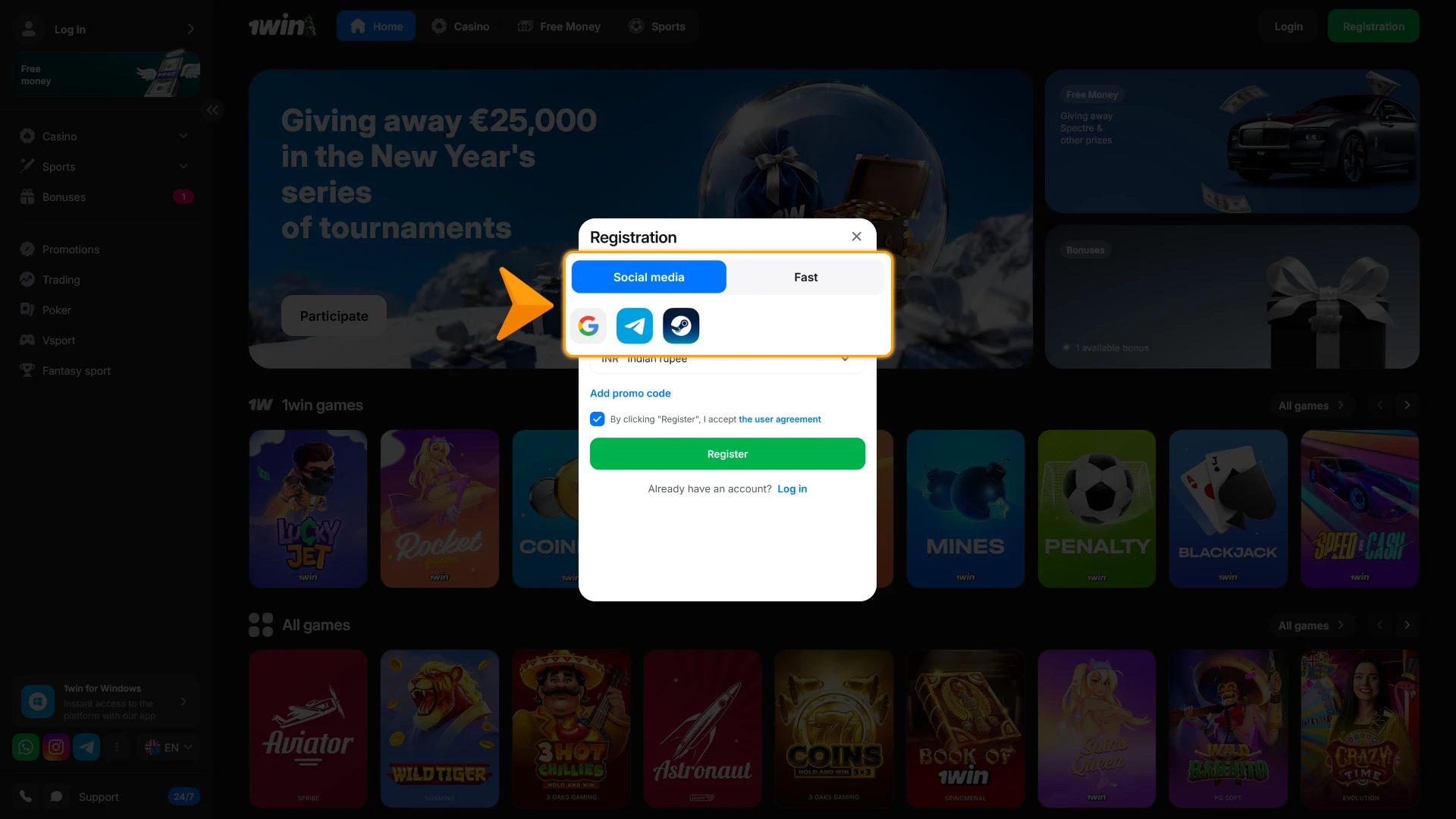 Choose a convenient registration method for 1win Promo Code activation.