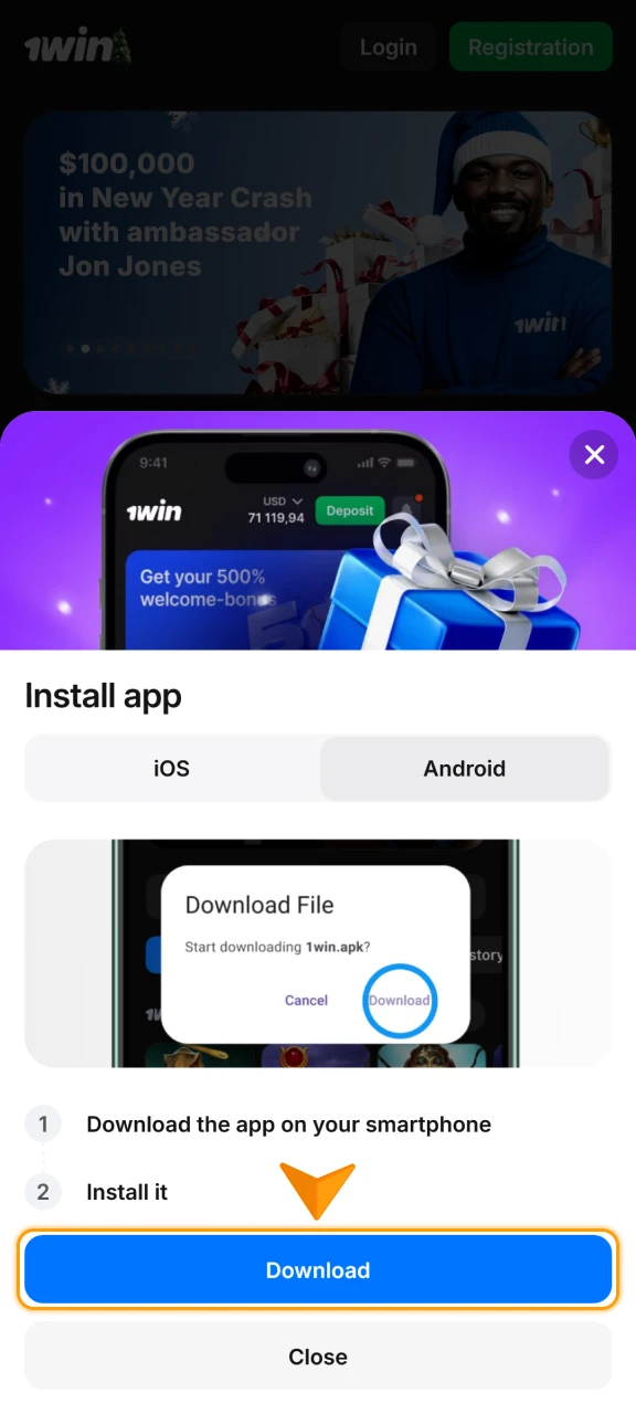 Download the 1win App to start using your Promo Code.