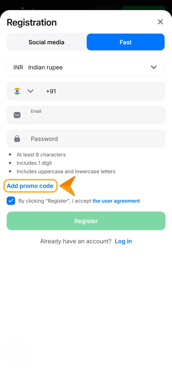 Enter the Promo Code during your 1win registration process.