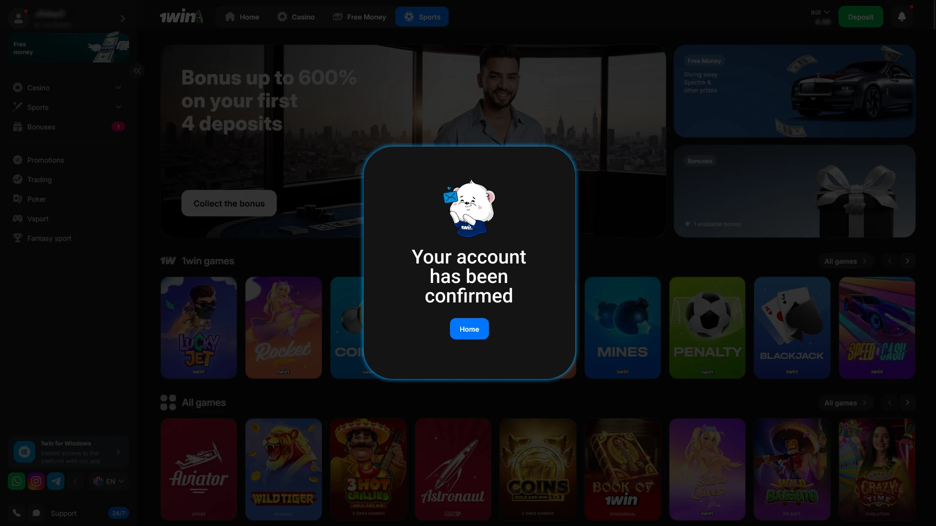 Confirm your details and complete the 1win Registration to begin.