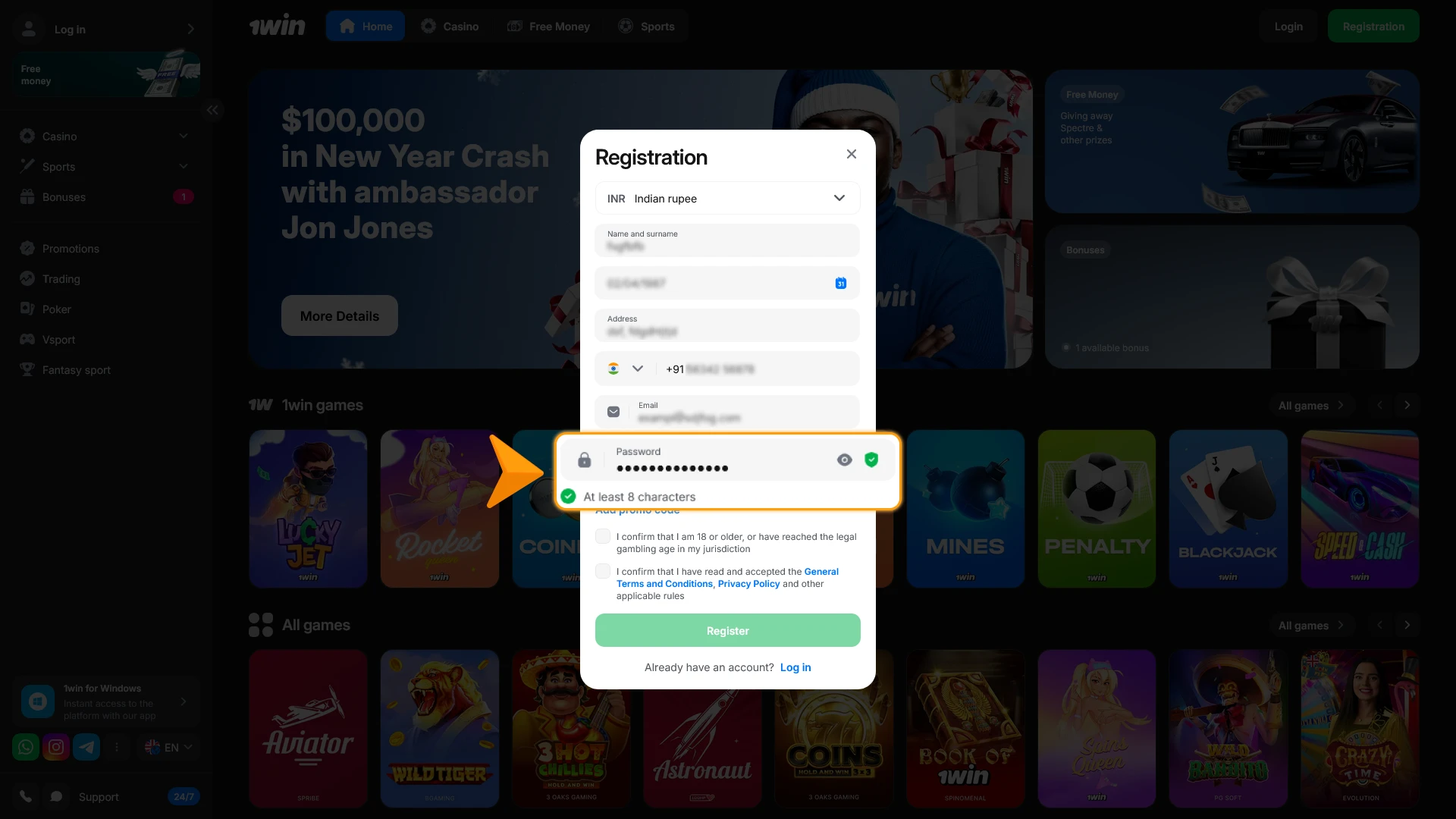Set a strong password for your 1win Registration in India.