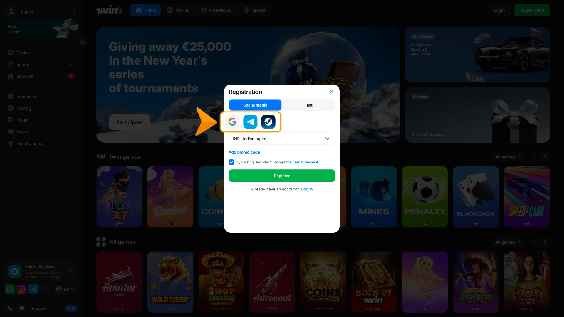 Choose social media for a quick 1win Registration at the site.