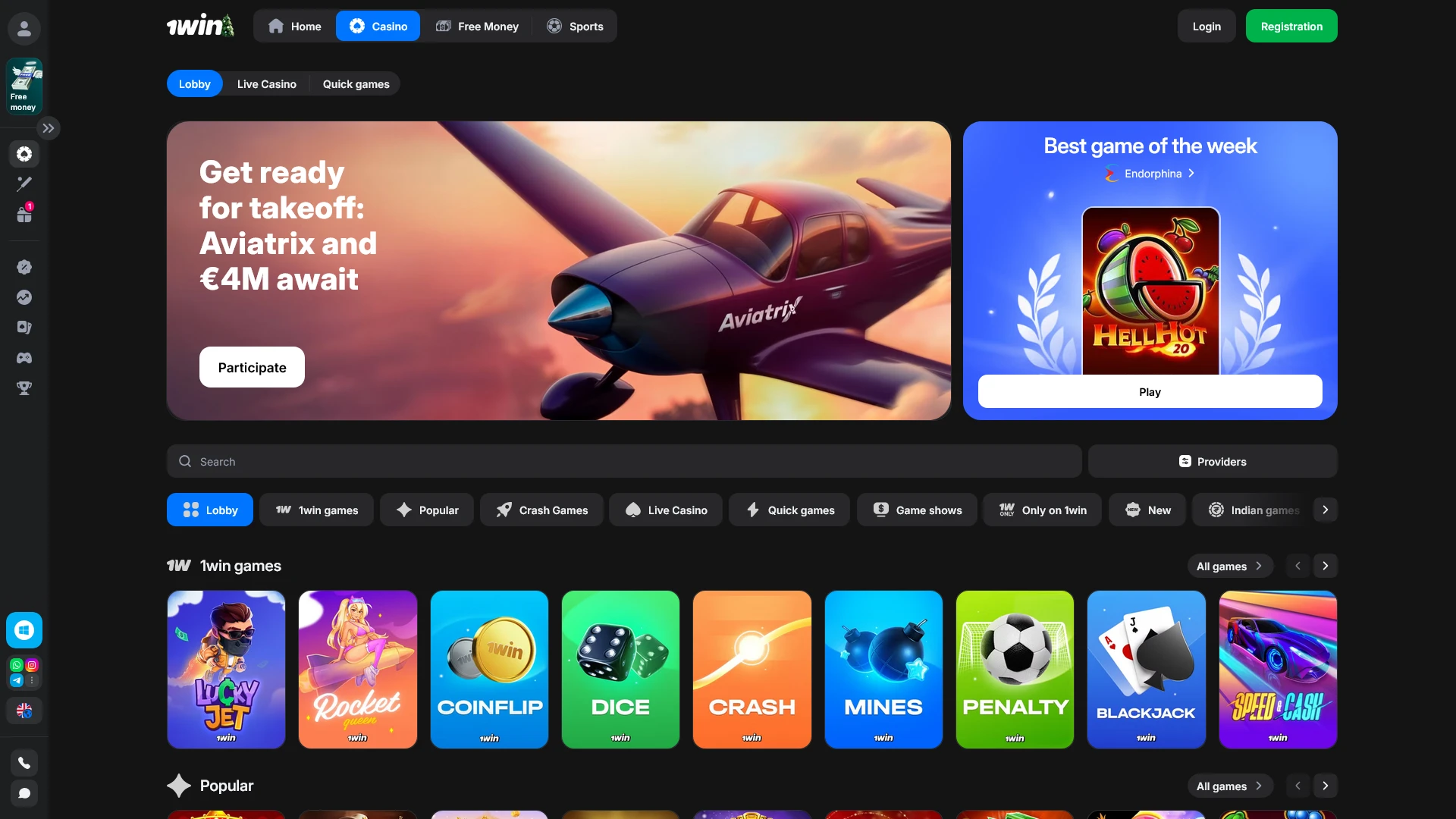 Explore main interface of the casino page of the 1win India official website.