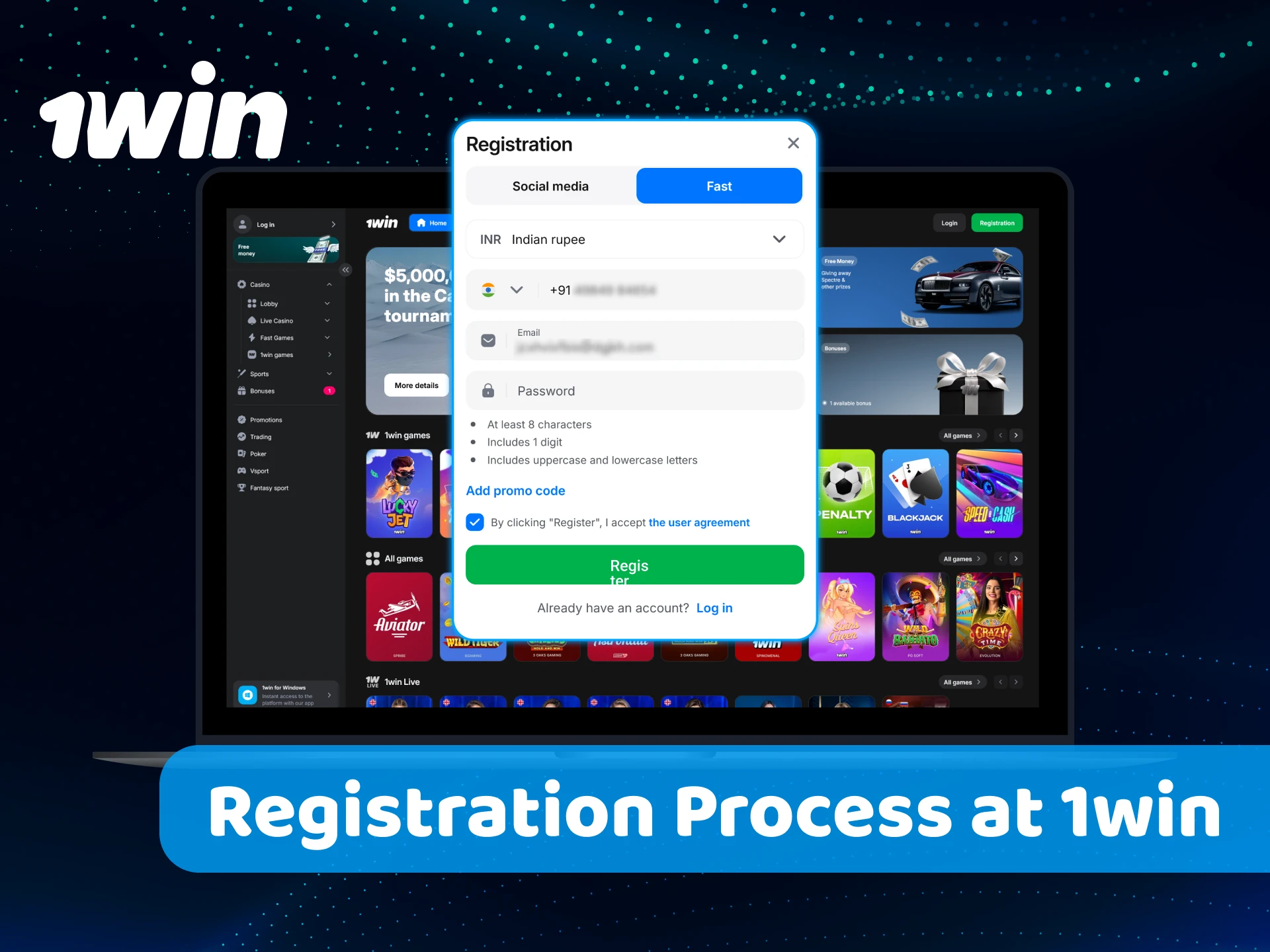 Go through the registration process at 1win to start online sports betting.