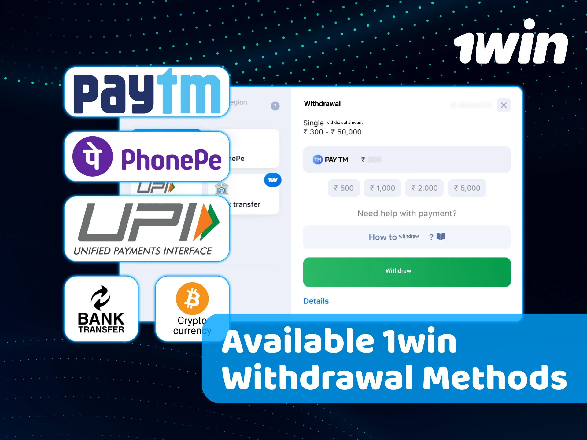 Choose from the accessible 1win Withdrawal methods to receive funds.