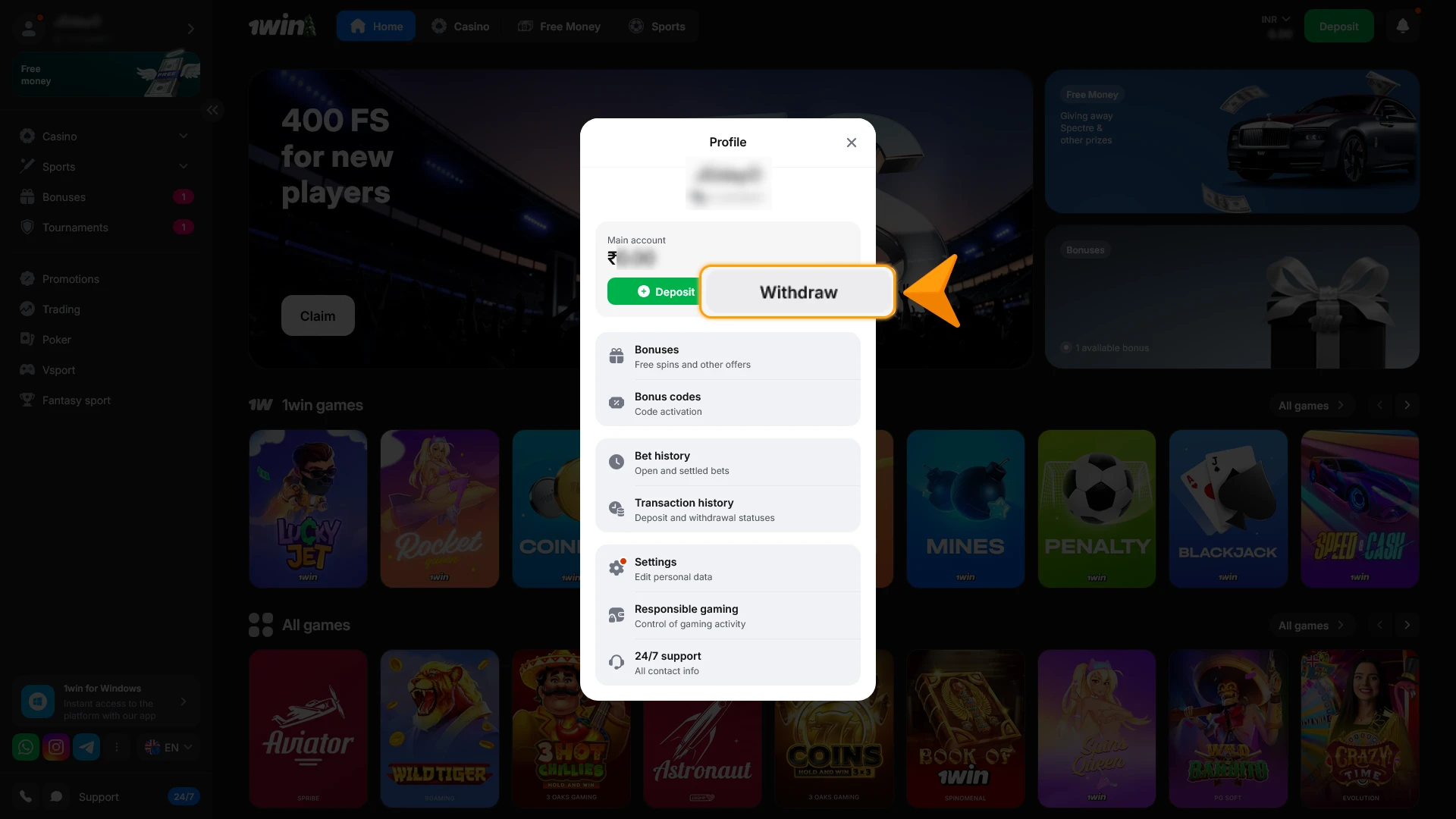Access the Withdrawal section at 1win to view available payment methods.