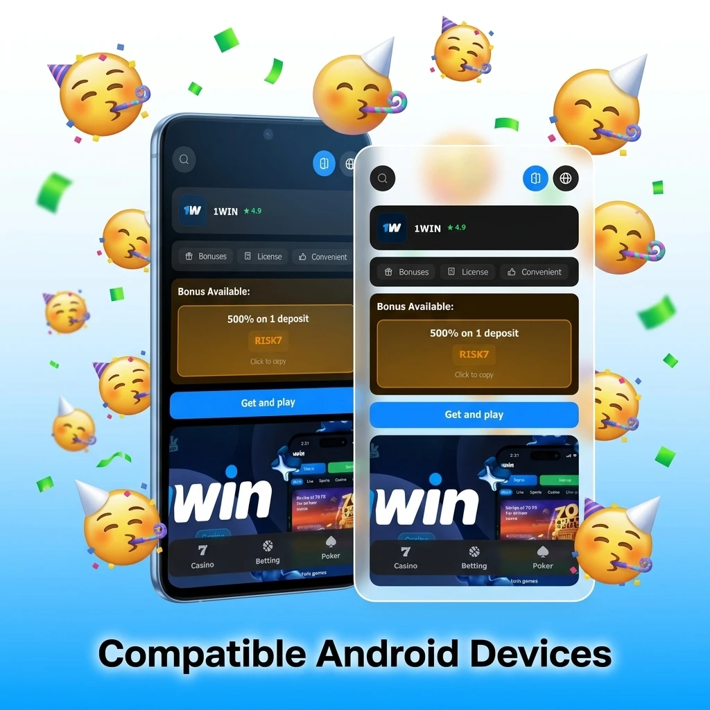 List of compatible Android devices for 1win app in India including Samsung, Redmi, Realme, OnePlus, Oppo, Vivo and Poco models