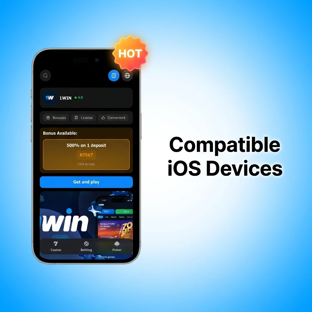 List of compatible iOS devices for 1win app including iPhone X through 17 series and iPad models running iOS 13 or above