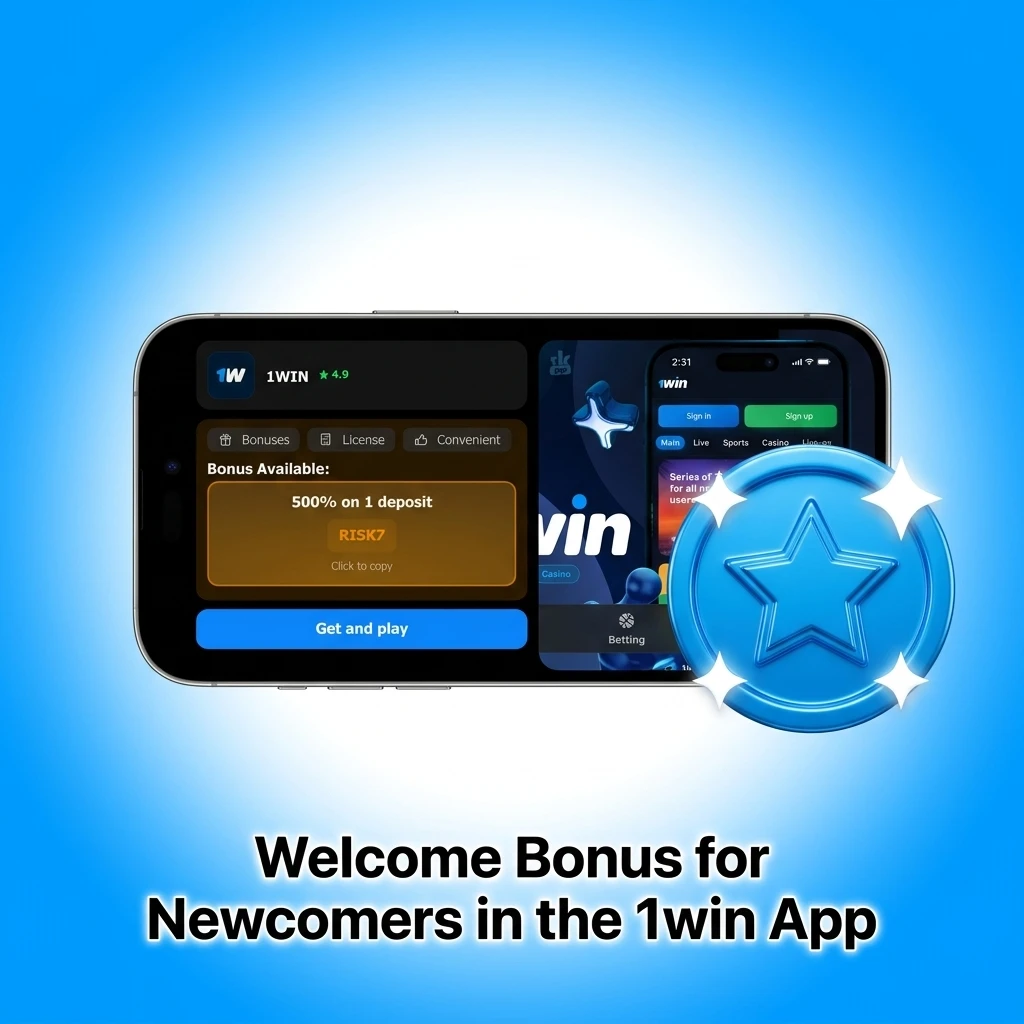 1win app welcome bonus offer showing 500% up to 75,000 INR for sports or casino with 70 free spins